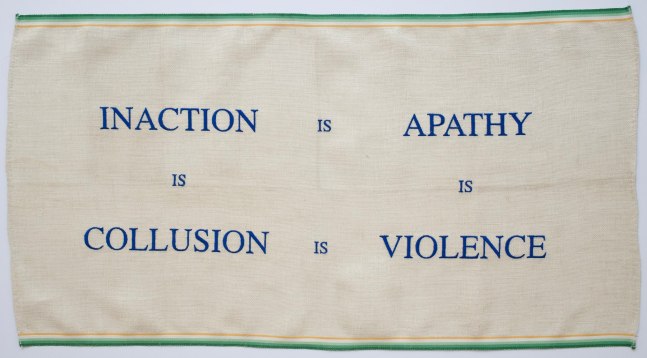 Inaction II, 2019
Embroidery on vintage linen tea towel
16.5&amp;nbsp;x 31 inches