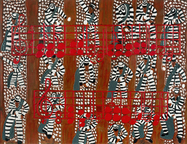Winfred Rembert
Red Note Chain Gang, 2007 
Acrylic paint on carved and tooled leather
33 x 42.5 in