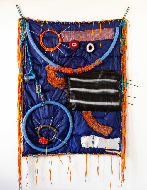 Randolpho Lamonier
Aedes Aegypti, 2019
Mixed media (Rope, plastic, leather, painting and objects on fabric)
94.5 x 55 inches
