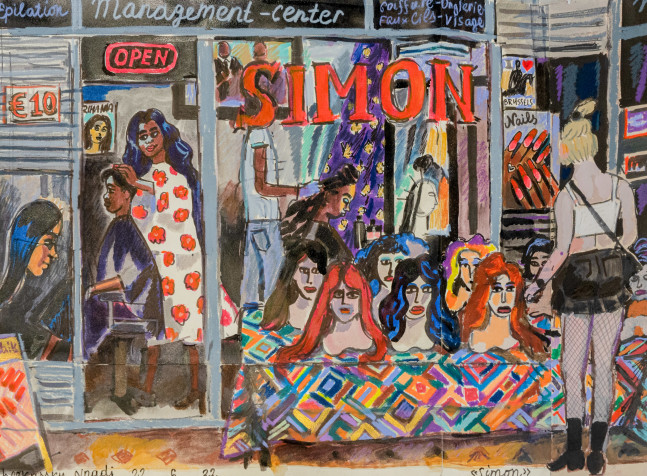 Painting of the simon salon from outside the shop