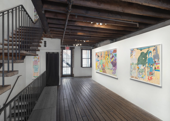 Installation view of Shuvinai Ashoona's  &quot;Looking Out, Looking In&quot; exhibition which shows two images done in colored pencil and ink on paper.