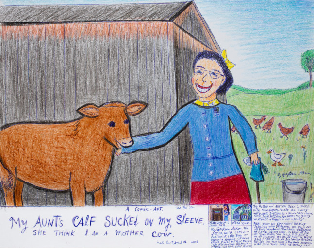 My Aunt&amp;#39;s Calf sucked on my sleeve. She Think I Am A mother cow, 2001
Colored pencil, ballpoint pen, and crayon on paper
11 x 14 inches