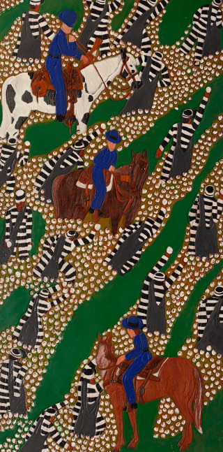 Picking Cotton with Boss Men, 2007
Acrylic paint on carved and tooled leather
58.5 x 30.25 inches