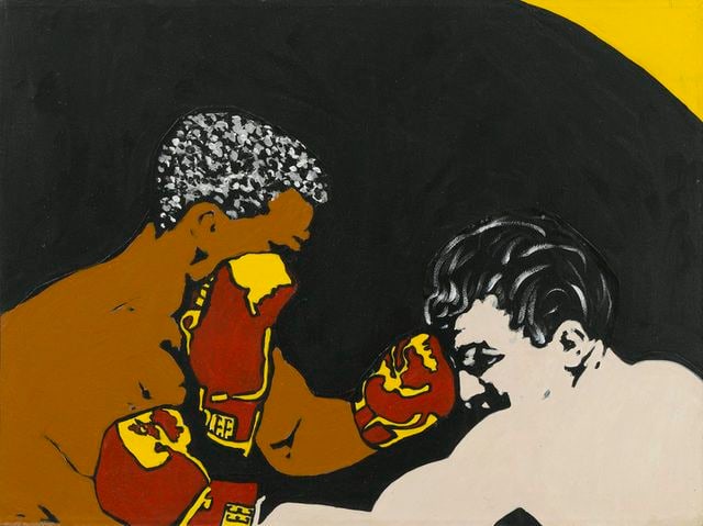Rosalyn Drexler
Prize Fight (Jake LaMotta and &amp;quot;Blackjack&amp;quot; Billy Fox), 1997
Acrylic and paper collage on canvas
18 x 24 inches
Signed and dated, verso
Courtesy of the Artist and Garth Greenan Gallery