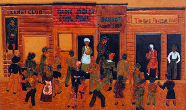 Winfred Rembert
Cross the Tracks, Andrew Street, 2001
Acrylic paint and marker on carved and tooled leather
19.25 × 32 in