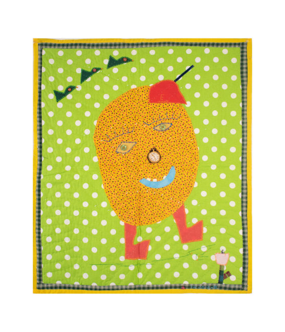 A quilt of an egg with a clock for a nose and a smiling face
