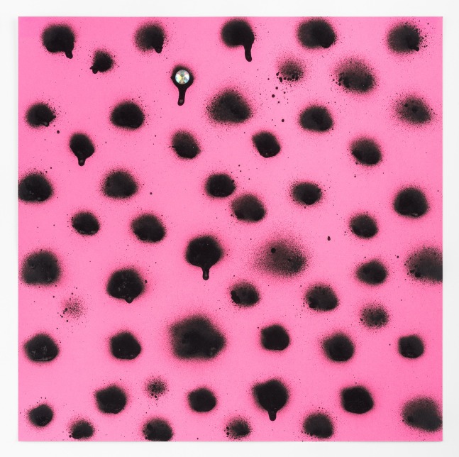 Untitled (Black Dots on Pink), 2016
Aerosol Paint and Rhinestone
15&amp;nbsp;x 15&amp;nbsp;inches (Framed)
