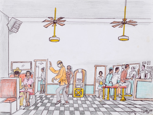 An ink graphite, and colored pencil drawing that illustrates people eating at a restaurant.