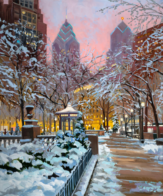 Elaine Lisle, Rittenhouse Snow  30&quot; x 36&quot;  Oil On Canvas