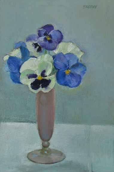 Frank Trefny, Pansies In A Pink Vase 12&quot; x 8&quot;  Oil On Panel