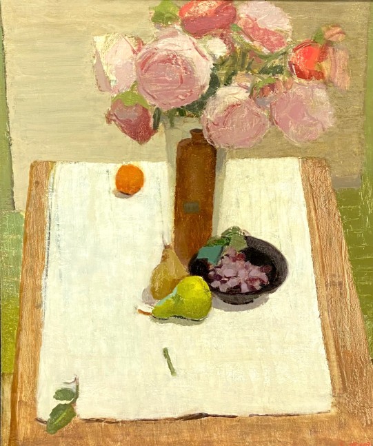 Elizabeth Geiger, Still Life With Peonies &amp; Oil Jar  28&quot; x 24&quot;  Oil On Linen