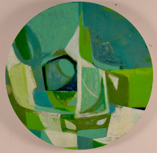 Michael Gallagher, Landscape And Still Life With Magnolia  24″ Diameter  Acrylic On Panel