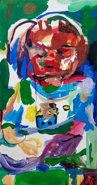 Mickayel Thurin, Popcorn Man  24″ x 12″   Mixed Media On Canvas