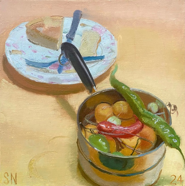 Cheesecake, Peppers, And Fruit 18&quot; x 18&quot;  Oil On Canvas