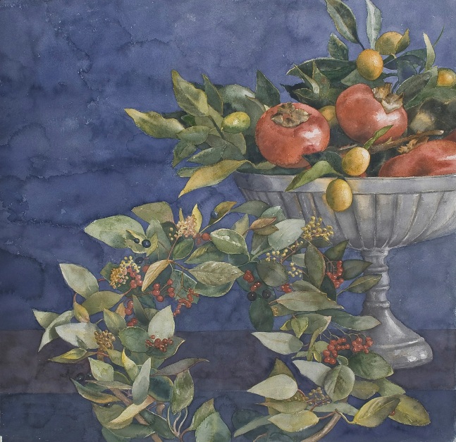 Eileen Goodman, Still Life with Propped Up Wreath 30&quot; x 30&quot;  Watercolor