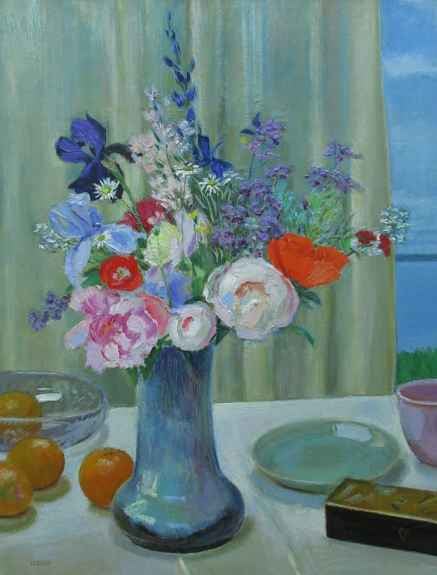 Frank Trefny, Still Life With Shodai Vase Bouquet 32&quot; x 24&quot;  Oil On Panel
