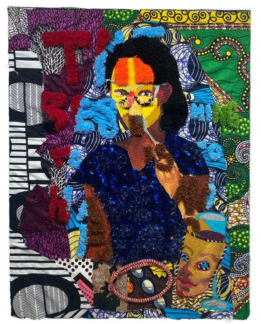 The Best Thing Is To Have No Fear  33&quot; x 23&quot;  Mixed Media On Primary Tufting Cloth  Courtesy of Ahmed Ali Akbar