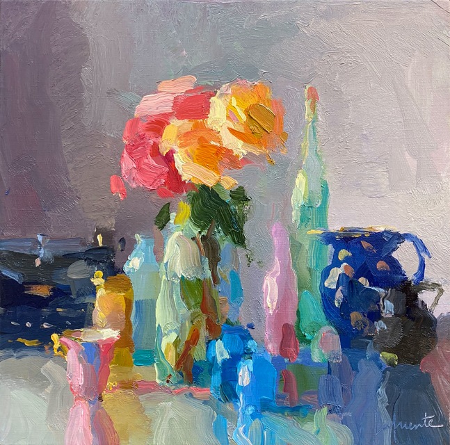 Roses, Bottle, Teacup And Typewriter  14&quot; x 14&quot;  Oil On Linen