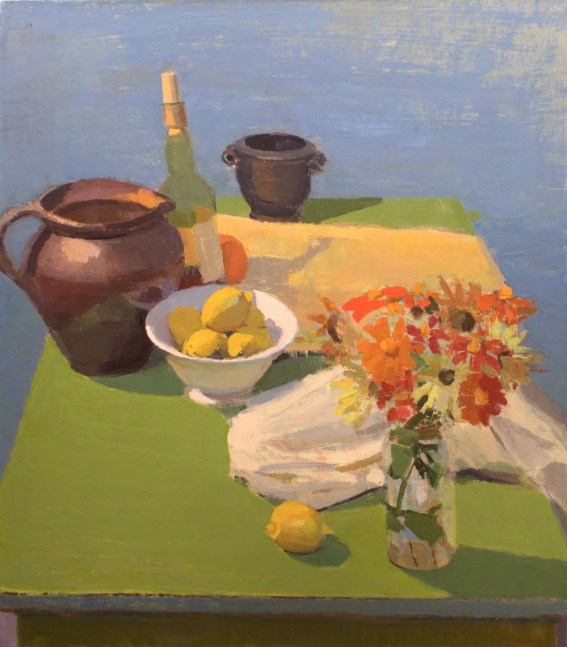 Elizabeth Geiger, Green Table Still Life With Jug And Zinnias  32&quot; x 28&quot;  Oil On Linen