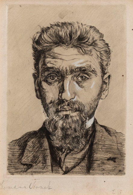 Hermann Struck, Self Portrait, c. 1901
Etching, 5.98 by 8.54 inches
(15.2 by 21.7 cm)
Framed: 15 1/4 x 17 3/4 inches
(Inv# HS3097)