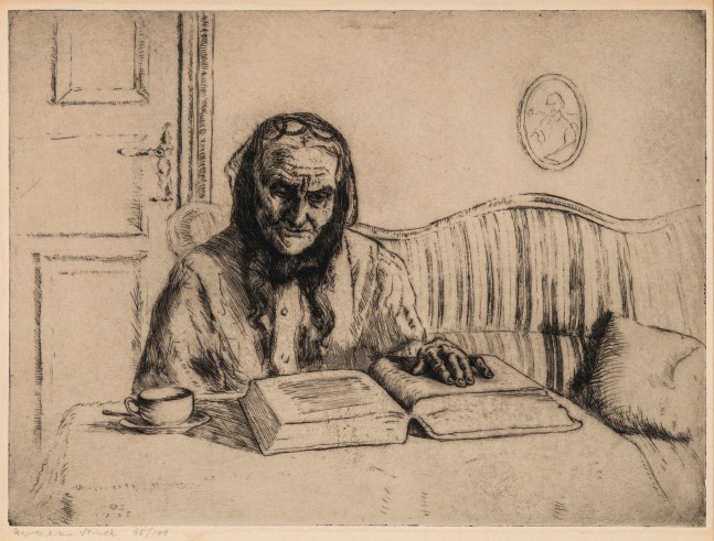 Hermann Struck, Grandmother II, 1928
Etching, 10.83 by 7.95 inches
(27.5 by 20.2 cm)
Framed: 17 1/2 x 13 3/4 inches
Edition 65 of 100
(Inv# HS2098.1)