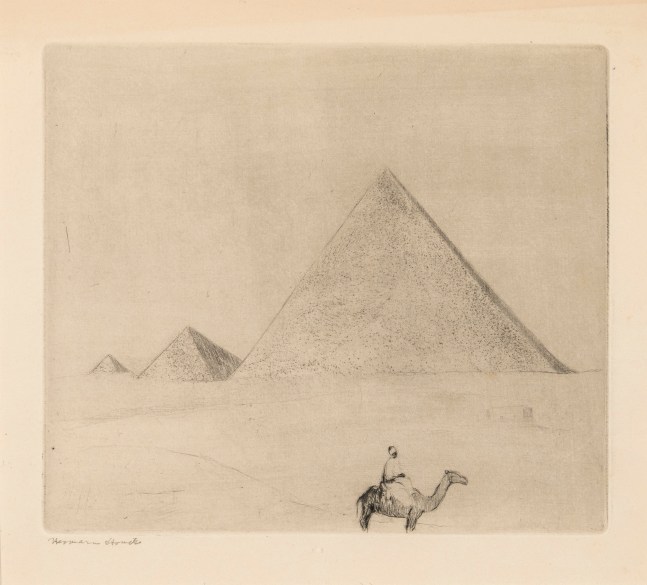 Hermann Struck, Pyramids of Giza, c. 1939
Etching, 6.18 by 5.39 inches
(15.7 by 13.7 cm)
Framed: 17 3/4 x 13 3/4 inches
(Inv# HS1998)