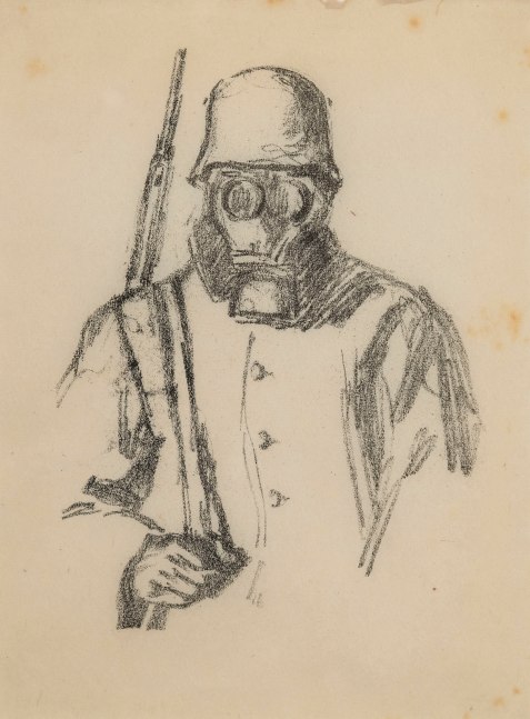 Hermann Struck, WWI, soldier with gas mask, Sketches from Russia,

at the front before Riga, c. 1917, Lithograph, 6.69 by 8.86 inches
(17 by 22.5 cm)
Framed: 13 3/4 x 17 3/4 inches
(Inv# HS1206)