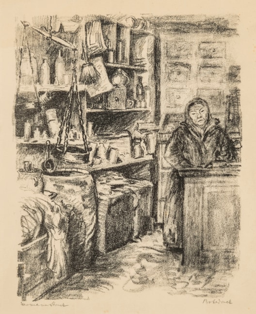 Hermann Struck, Shopkeeper in Grodno
Lithograph, 7.76 by 9.49 inches
(19.7 by 24.1 cm)
Framed: 13 3/4 x 17 3/4 inches
27.6 x 21.5 cm
(Inv# HS1186)