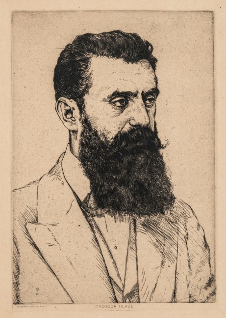 Hermann Struck, Theodor Herzl, 1915
Etching, 6.69 by 9.65 inches
(17 by 24.5 cm)
Framed: 13 3/4 x 17 3/4 inches
(Inv# HS2624)