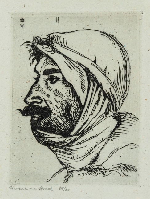 Hermann Struck, Arab I, c. 1923
Etching, 3.54 by 4.84 inches
(9 by 12.3 cm)
Framed: 7 1/2 x 9 inches
Edition 35 of 50
(Inv# HS1699)