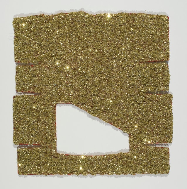 Tony Feher, China 2, 2007, Glitter, Sobo glue, and

spray paint on unfolded box, 7.5 x 7.5 inches