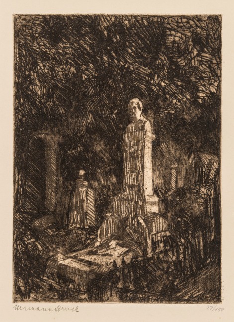 Hermann Struck, Grave of Heinrich Heine, Paris, 1906
Etching, 5.83 by 8.03 inches
(14.8 by 20.4 cm)
Framed: 13 3/4 x 17 3/4 inches
Edition 37 of 150
(Inv# HS2497.1)