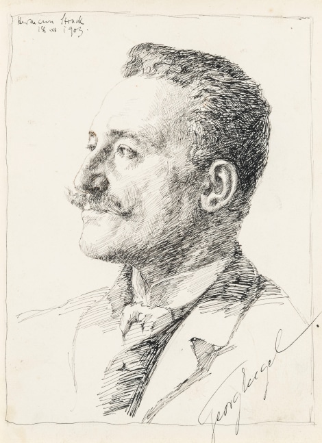 Hermann Struck, Portrait of Georg Engel, 1903
Ink on paper, 6.77 by 9.06 inches
(17.2 by 23 cm)
Framed: 15 1/4 x 17 3/4 inches
(Inv# HS3094)