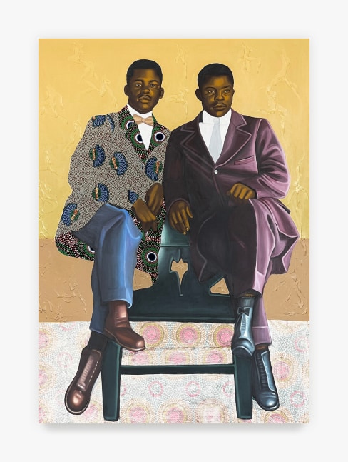 Cornelius Annor, A Seat for Two, 2022, acrylic, fabric

&amp;nbsp;and fabric transfer on canvas, 211 x 151 cm