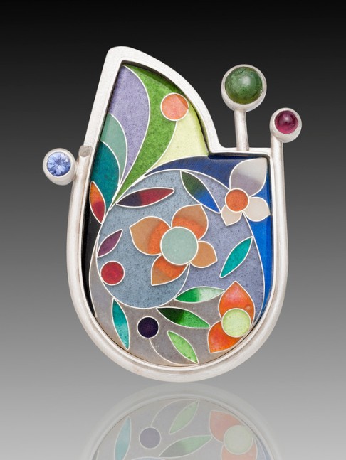 Cloisonn&amp;eacute; Enamel Pin
Vitreous Enamel and Cloisonn&amp;eacute; Wire on Fine Silver, Set in Fine Silver with Tourmaline and Tanzanite
1&amp;quot; x 1.5&amp;quot;
2014