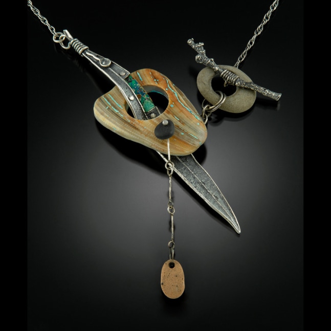 Pierced Shell Necklace
Sterling Silver, copper, Shell, stone, enamel, and epoxy
16&amp;quot; x 4&amp;quot; x .5&amp;quot;
2019