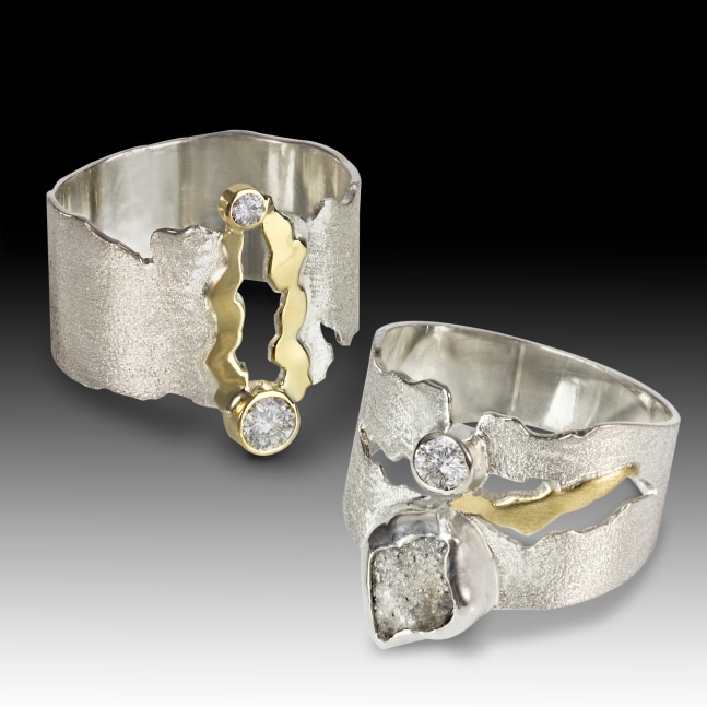 Faultline Rings
sterling silver, 18k gold, raw/faceted diamonds
1&amp;quot; x 1&amp;quot; x 1&amp;quot;
2018