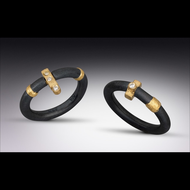 Two Rings
Oxidized sterling silver, 22k gold, 14k gold, diamonds. Hand forged.
1&amp;quot; x .5&amp;quot; x 1&amp;quot;