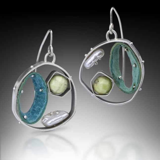Poison Atlantis
Earrings - fabricated - Sterling silver, dyed banana seed pods, lemon chrysoprase, fresh water pearls
1&amp;quot; x 1.25&amp;quot; x .25&amp;quot;
2020