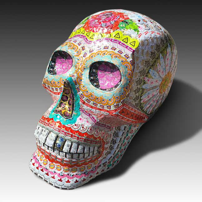 Sugar Skull
24&amp;quot; x 26&amp;quot; x 34&amp;quot;
wood, bottle caps, resin
2017
Carved wood covered w/ thousands of flattened bottle caps. the caps range from the 1930&amp;#39;s to current. Finished w/ a few thick coats of epoxy resin sealing the sculpture but still leaving texture to touch.