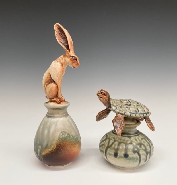 Hare and Sea Turtle Perfume Bottles
Porcelain and Stoneware
2&amp;quot; x 6&amp;quot; x 2&amp;quot;
2020
Wheel-thrown porcelain bottles with hand-sculpted and carved animal stoppers. Painted and sprayed with multiple glazes then fired to cone 6 in oxidation.