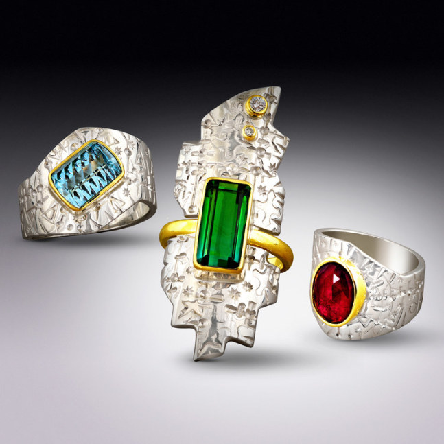 Time Traveler Rings
Sterling silver, 18k gold, and aquamarine; sterling silver, 18k gold, blue green tourmaline, and diamonds; and sterling silver, 18k gold, and rubellite tourmaline
.75&amp;quot; x 1&amp;quot; x .5&amp;quot;
2017