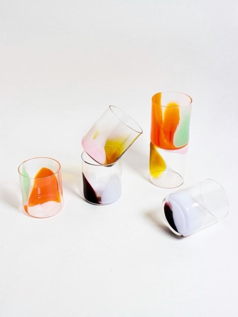 Splash cups 

Glass

4&amp;quot; x 3.5&amp;quot; x 1&amp;quot;