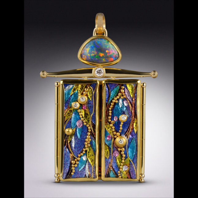Summer Triptych
Enamel with 24karat gold foil and granules, in approx 40 layers and firings. Set in hand fabricated 18&amp;amp;22k gold. Anticlastic spiculum. Opal and diamonds. The doors open to an enamel interior as well as on the back.
2&amp;quot; x 1.25&amp;quot; x 0.35&amp;quot;
2017
