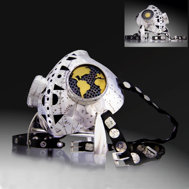 Time Traveler 2020 Shamanic mask with display stand
Sterling silver, 18k gold, leather, silk, cotton, and foam rubber. includes a removable filter and adjustable straps.&amp;nbsp;
8&amp;quot; x 6.5&amp;quot; x 3.5&amp;quot;
2020
Profits will be donated Coronavirus medical relief