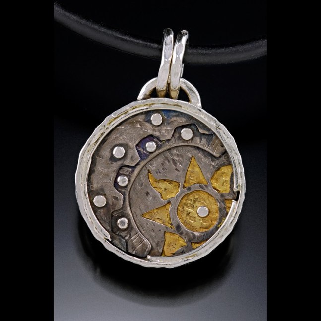 A Day&amp;#39;s Time, Built
Titanium, sterling silver, 22K gold
1.25&amp;quot; x 1.5&amp;quot; x 0.2&amp;quot;
Hand fabricated double-sided pendant