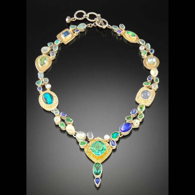 Gustav Klimt Inspired Necklace
18k, sterling and Gemstones
20&amp;quot; x 1.75&amp;quot; x .4&amp;quot;
2020