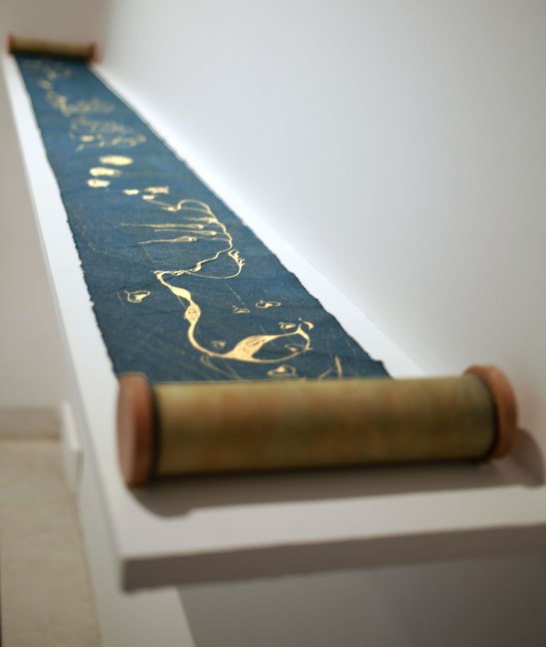 Ranjani Shettar
Liana&amp;rsquo;s lullaby,&amp;nbsp;2015
Laser-cut relief block printed on henna-dyed muslin (rolled into scrolls)
7&amp;Prime; x 198&amp;Prime;
TG# 3783