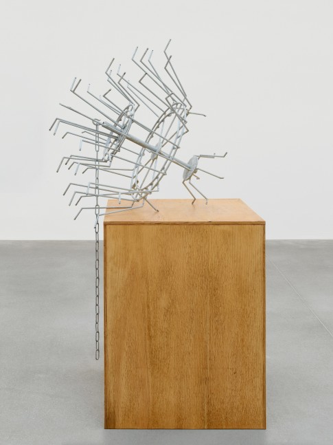 NO LONGER FATHOM 2020 Chandelier: Galvanised steel, steel chain Plinth: Stained Plywood Chandelier 90 x 90 x 90 cm / 35 3/8 x 35 3/8 x 35 3/8 in Pedestal 70 x 55 x 55 cm / 27 1/2 x 21 5/8 x 21 5/8 in Total dims. 120 x 90 x 90 cm / 47 1/4 x 35 3/8 x 35 3/8 in