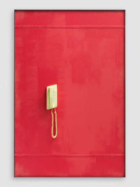 YELLOW TELEPHONE (SEARCHING) 2020 Patinated steel, etched and painted aluminium, painted silicone moulded vacuum cast resin, coiled cable 167.5 x 111.5 x 11 cm / 66 x 43 7/8 x 4 3/8 in